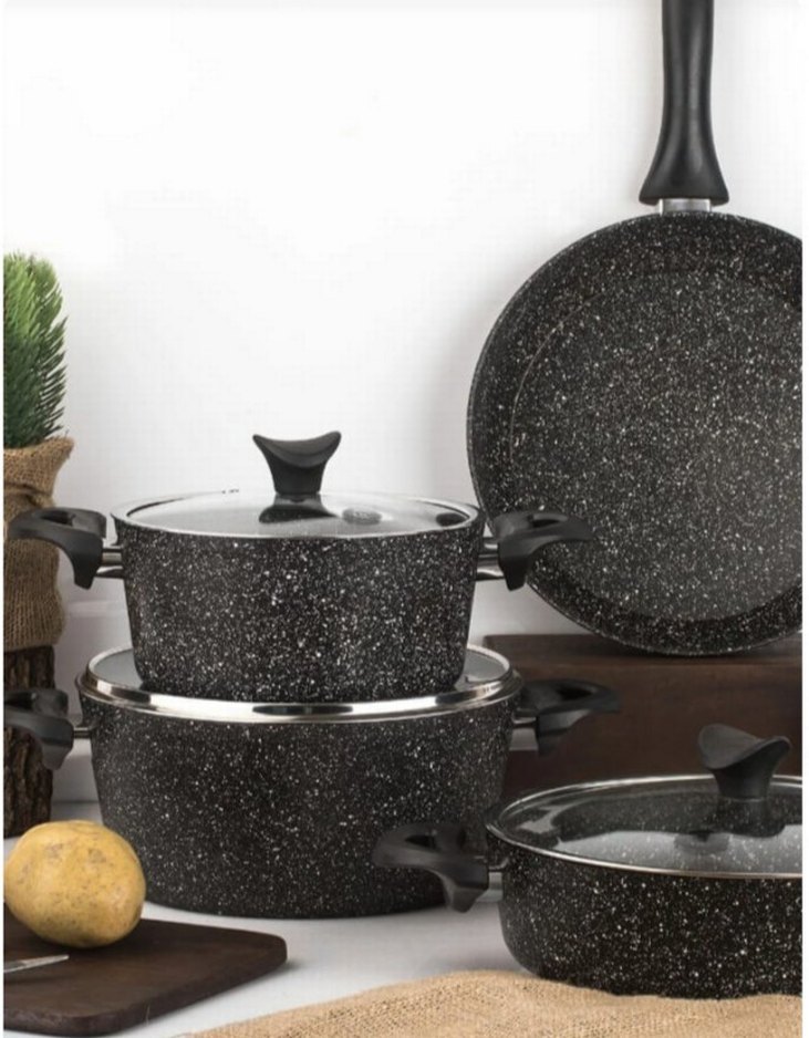 Siyah Granit Görünümlü Tencere ve Tava Seti - Görsel 2