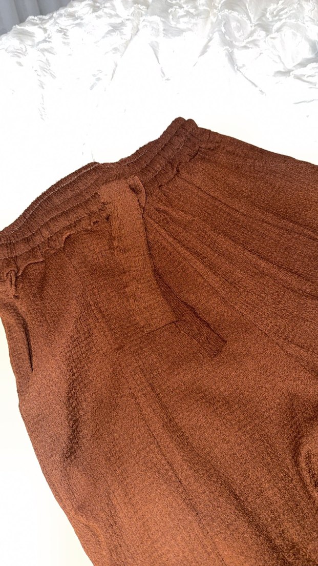 Kahverengi Keten Bol Kesim Kadın Pantolon - Görsel 3