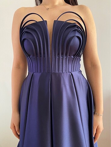 Lacivert Saten Abiye - Görsel 4