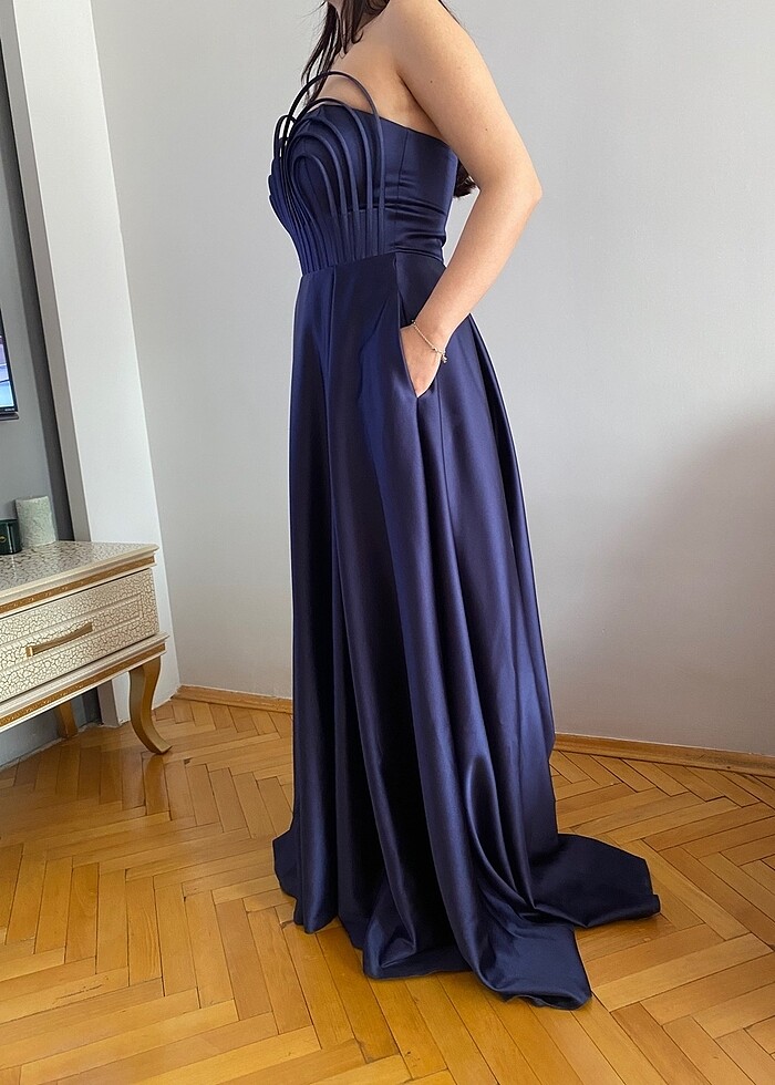 Lacivert Saten Abiye - Görsel 5