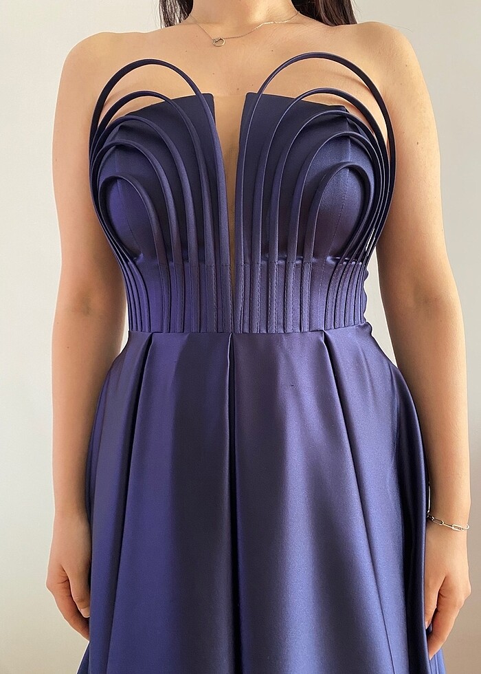 Lacivert Saten Abiye - Görsel 4