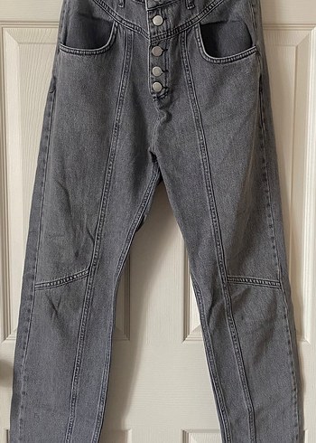 Düğmeli Gri Kadın Denim Pantolon