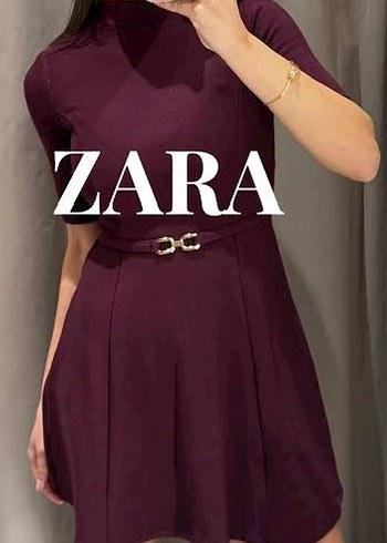 Zara Bordo Kemerli Yarım Kollu Triko Elbise