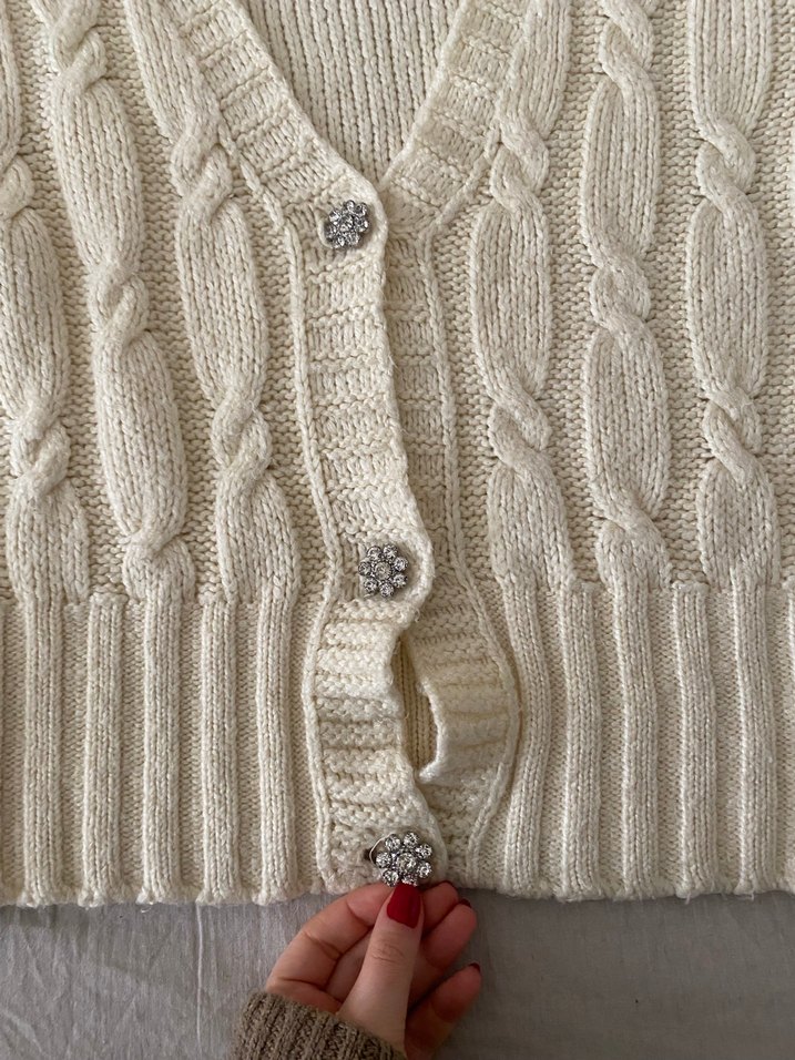 Kadın Örgü Beyaz Midi Taşlı Hırka - Görsel 4