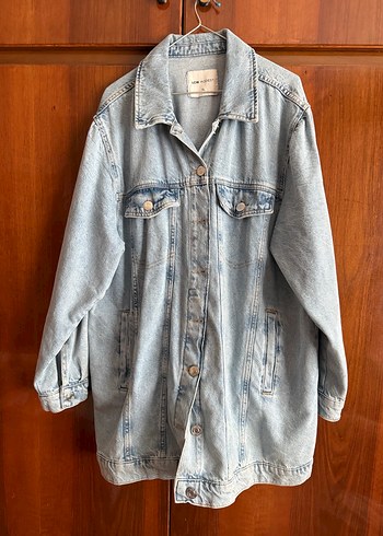 48 Beden gri Renk Gri Midi Denim Ceket Düğmeli ve Rahat Kesim
