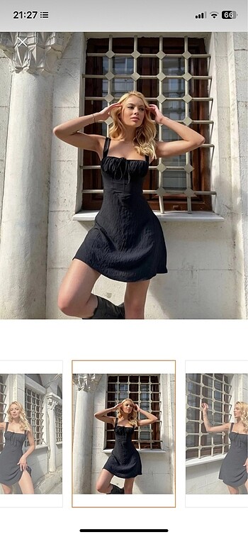 önü büzgülü mini elbise astarlı siyah