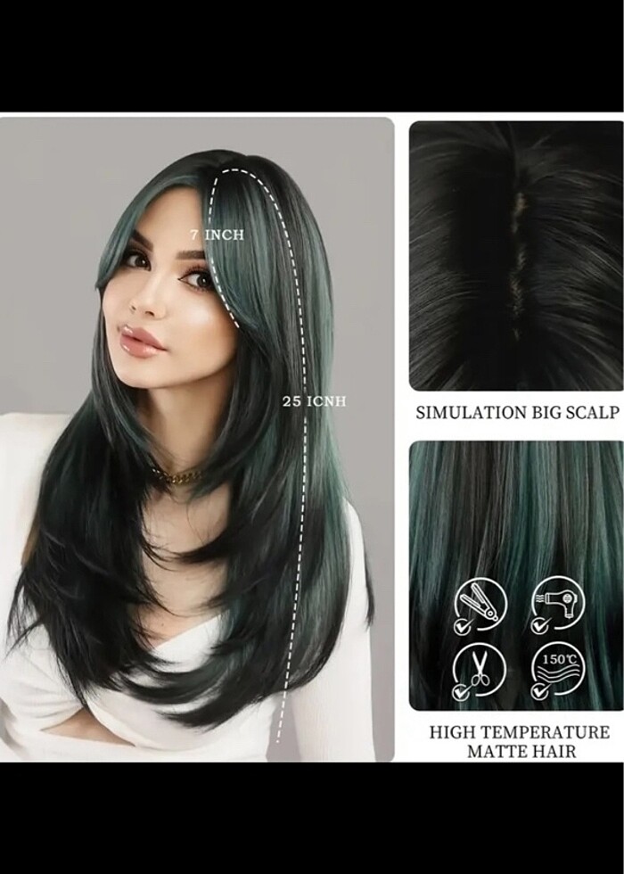kadınlar için yeşil siyah peruk katlı kesim perçemli ısıya dayan - Görsel 2