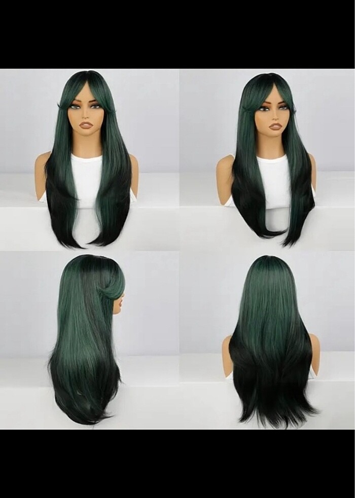 kadınlar için yeşil siyah peruk katlı kesim perçemli ısıya dayan - Görsel 5