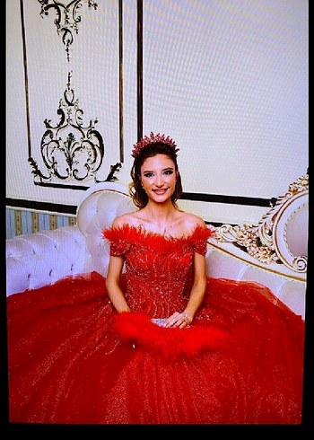 Uzun Kırmızı İşlemeli Straplez Abiye - Görsel 3