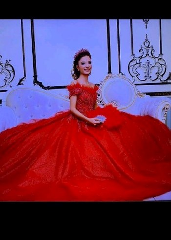 Uzun Kırmızı İşlemeli Straplez Abiye - Görsel 2