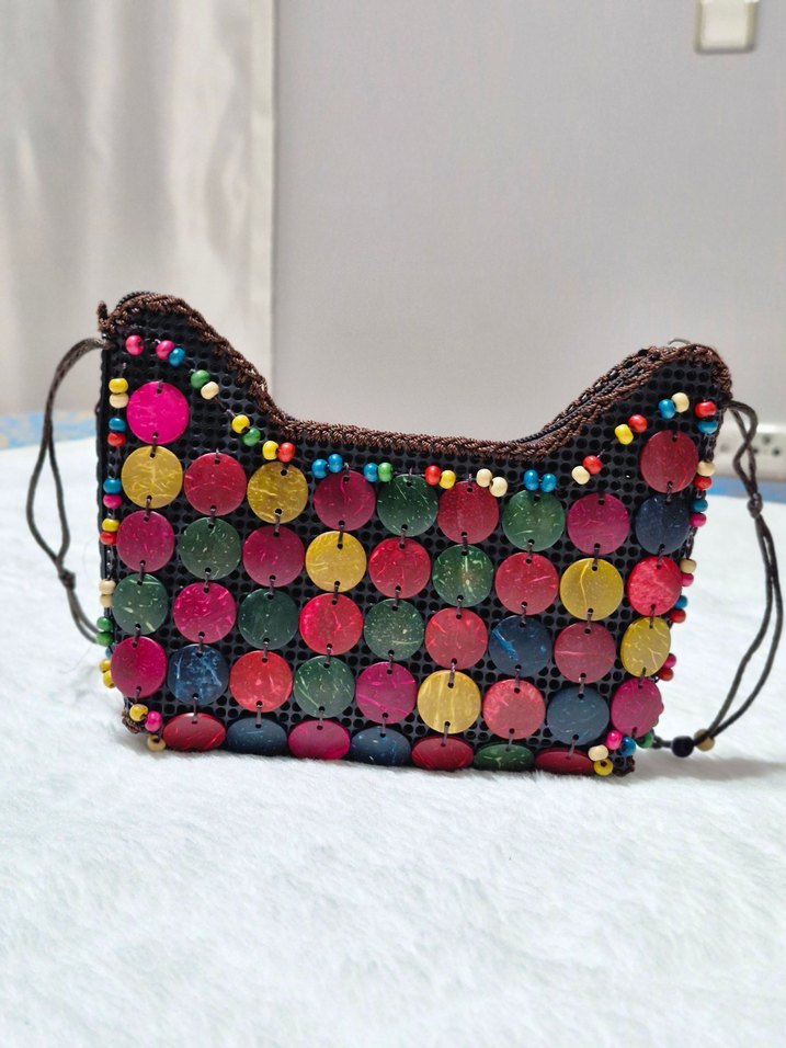 Renkli Boncuklu Bohem Örgü Çanta - Görsel 2