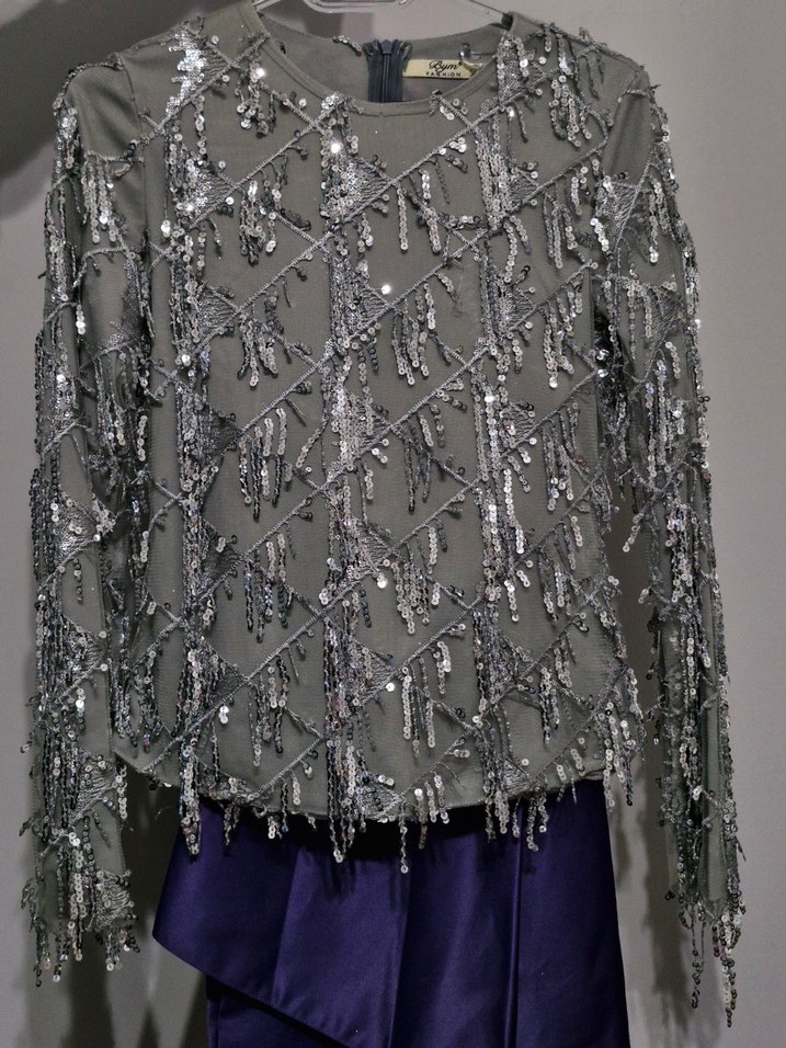 Pul İşlemeli Uzun Gri Kadın Elbise - Görsel 4