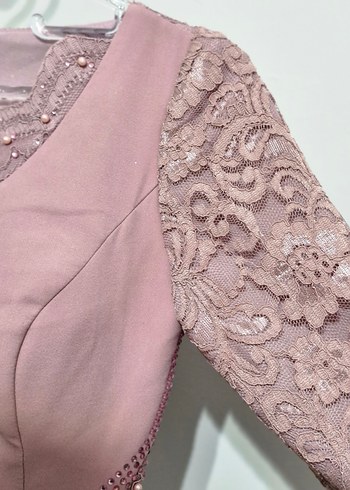 İnci İşlemeli Uzun Mor Abiye Elbise - Görsel 5