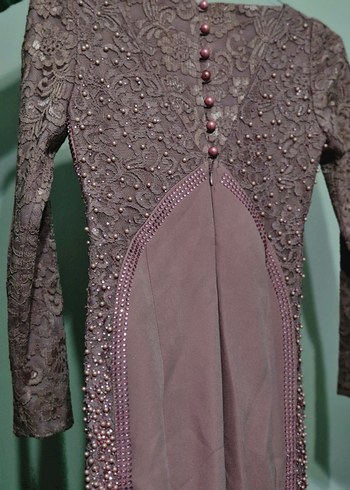 İnci İşlemeli Uzun Mor Abiye Elbise - Görsel 2