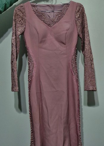 İnci İşlemeli Uzun Mor Abiye Elbise - Görsel 6