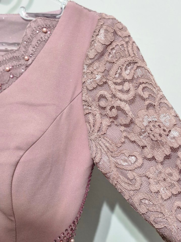 İnci İşlemeli Uzun Mor Abiye Elbise - Görsel 5