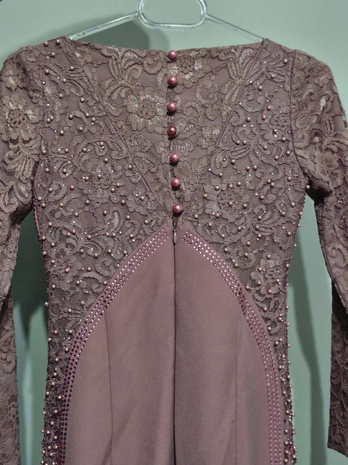 İnci İşlemeli Uzun Mor Abiye Elbise - Görsel 3
