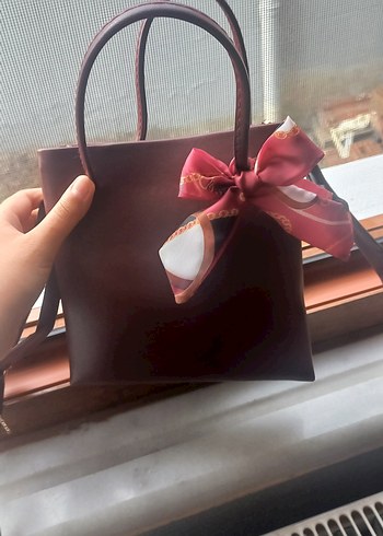 Bordo Deri Kadın El Çantası Fiyonk Detaylı - Görsel 6