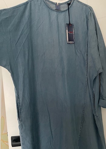 Kadın Mavi Uzun Salaş Denim Elbise - Görsel 2