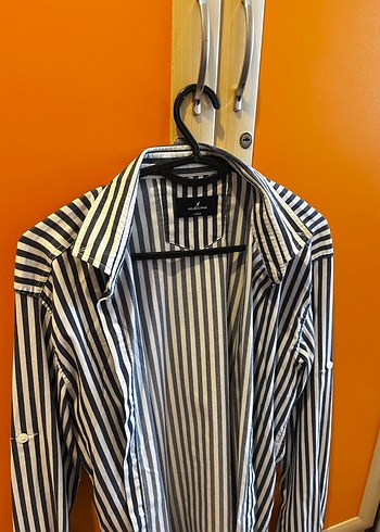 Çizgili Gri Kadın Uzun Kollu Gömlek - Görsel 2