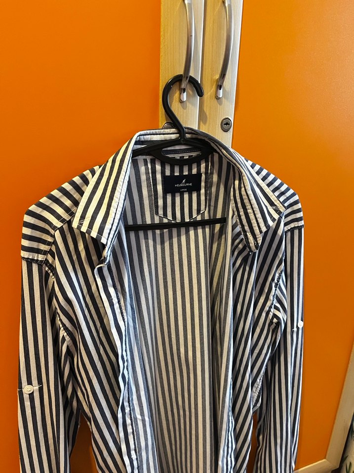 Çizgili Gri Kadın Uzun Kollu Gömlek - Görsel 2