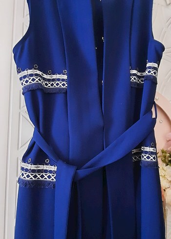 Koyu Mavi Kemerli Uzun Kadın yelek - Görsel 3