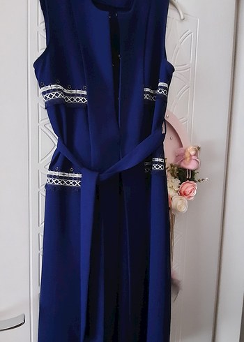 Koyu Mavi Kemerli Uzun Kadın yelek - Görsel 4