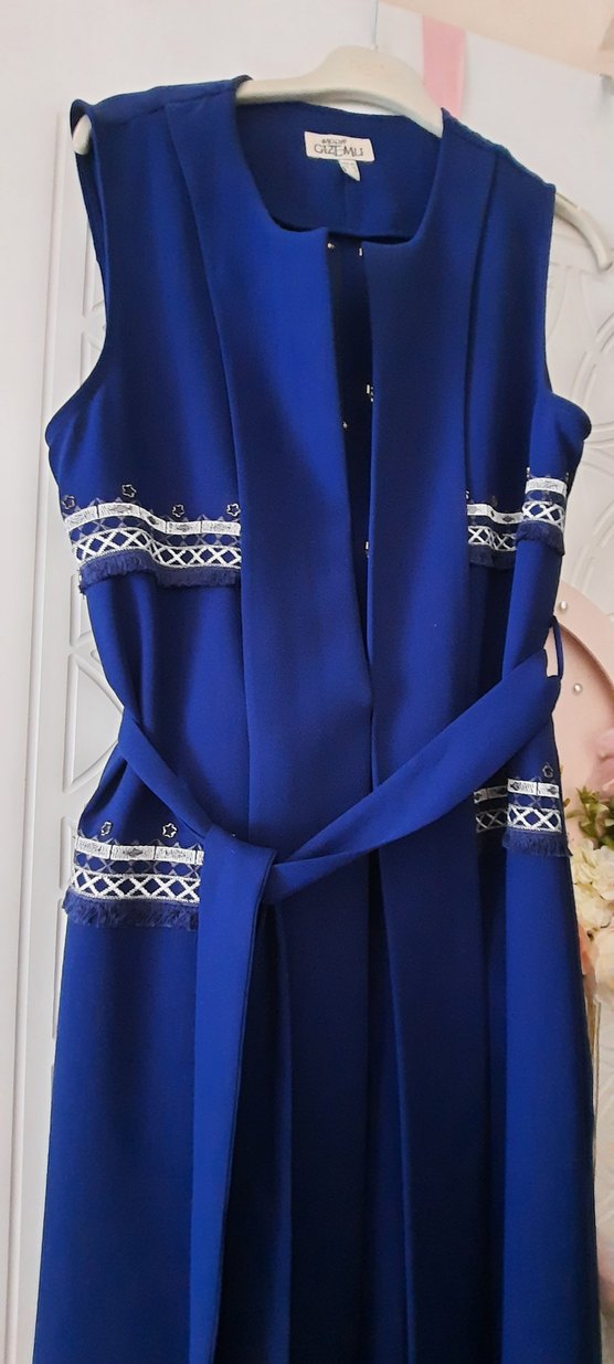 Koyu Mavi Kemerli Uzun Kadın yelek - Görsel 3
