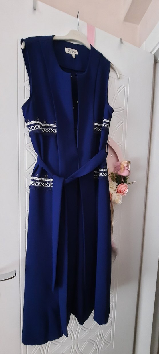 Koyu Mavi Kemerli Uzun Kadın yelek - Görsel 4