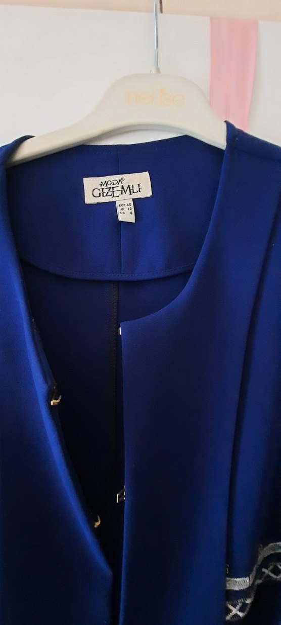 Koyu Mavi Kemerli Uzun Kadın yelek - Görsel 2