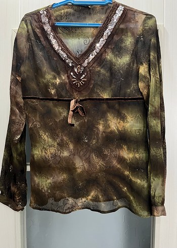 Vintage Uzun Kollu Bohem V Yaka Batik Bluz