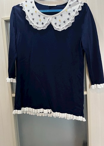 Diğer Vintage Fırfırlı Yakalı Lacivert Triko Bluz