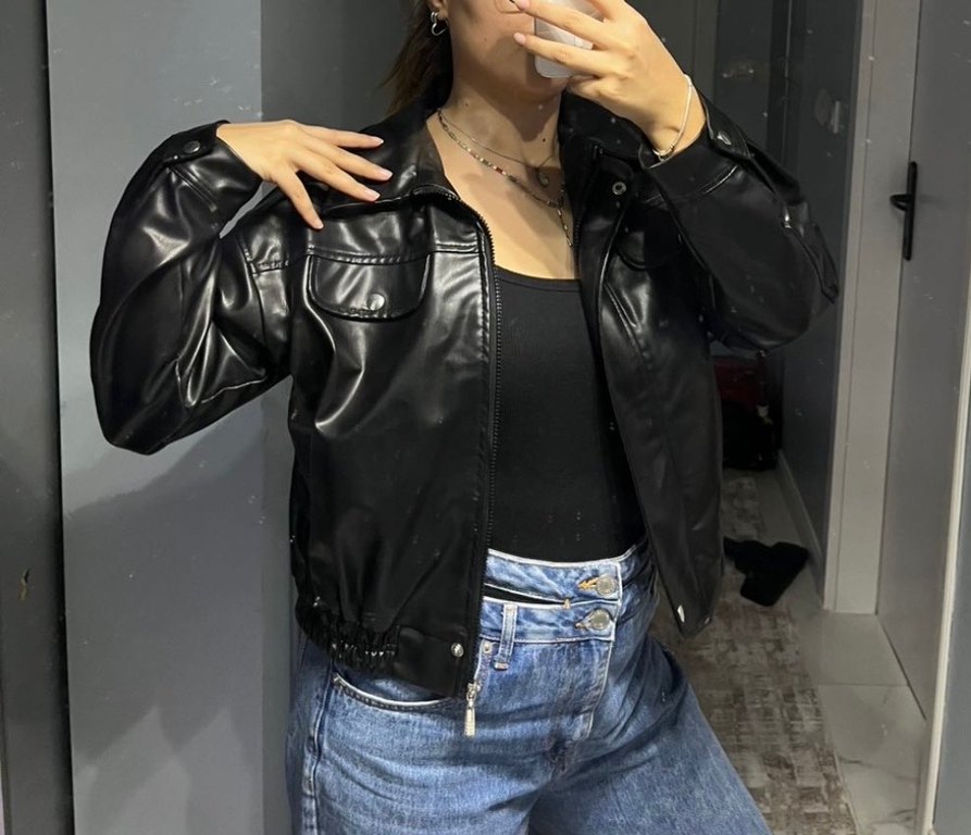 Kadın Siyah Deri Ceket - Görsel 4