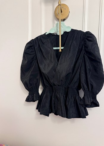 Siyah Kadın V Yakalı Drapeli Bluz - Görsel 2