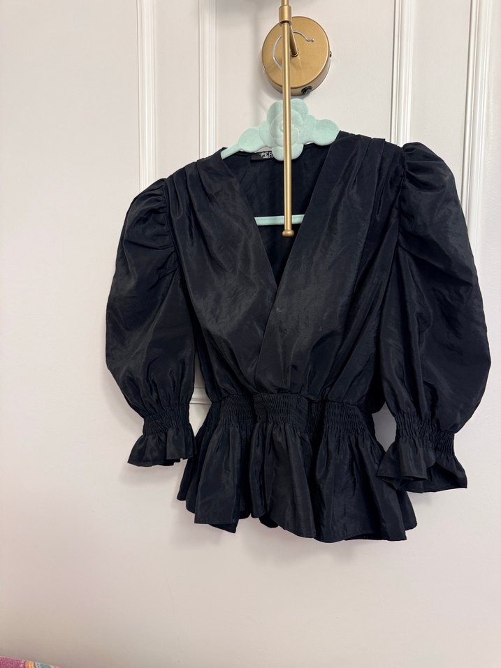 Siyah Kadın V Yakalı Drapeli Bluz - Görsel 2