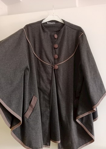 Düğmeli Gri Kadın Uzun Kollu Panço - Görsel 6