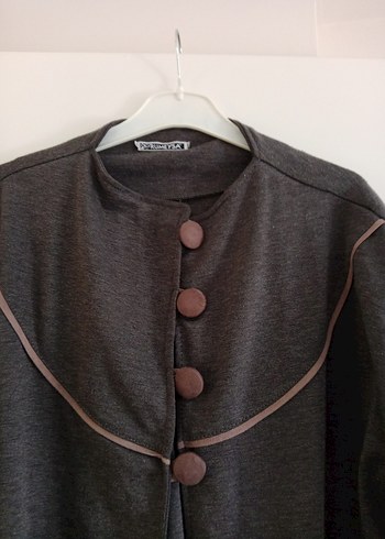 Düğmeli Gri Kadın Uzun Kollu Panço - Görsel 5