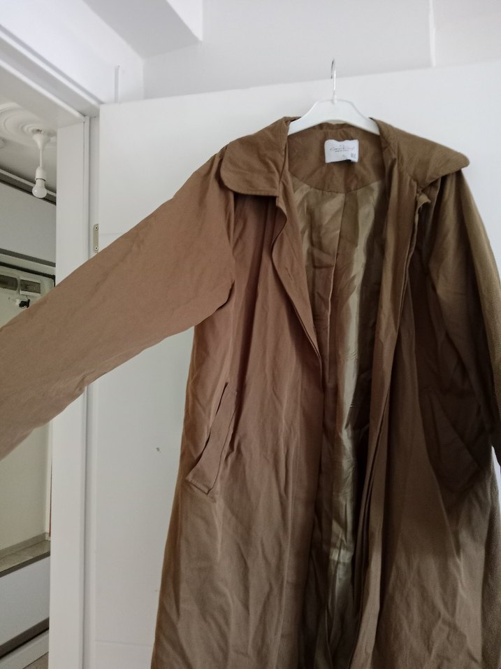 Bej Uzun Keten Kadın Trençkot - Görsel 2