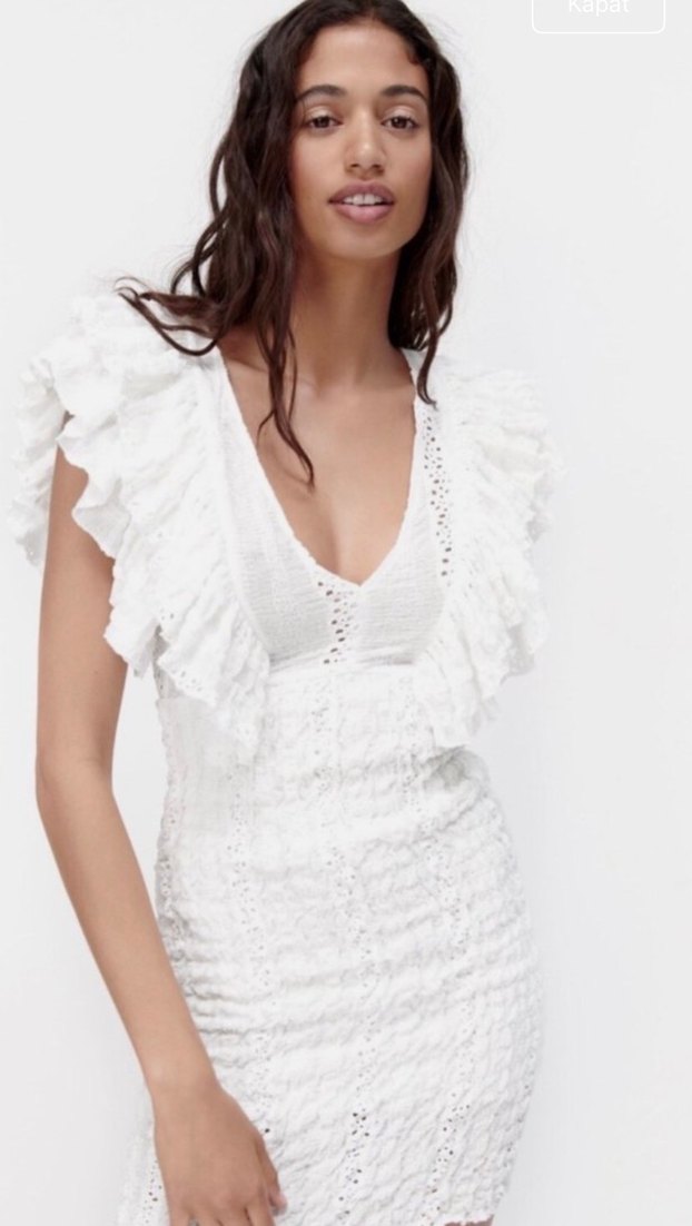 Zara Fırfırlı V Yaka Beyaz Keten Mini Elbise - Görsel 2