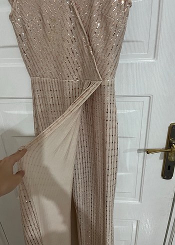 Bej İşlemeli Uzun Abiye Elbise - Görsel 4