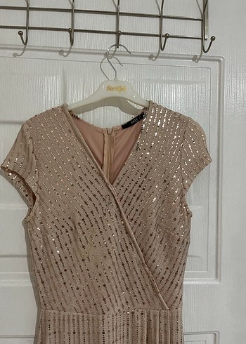 Bej İşlemeli Uzun Abiye Elbise - Görsel 2