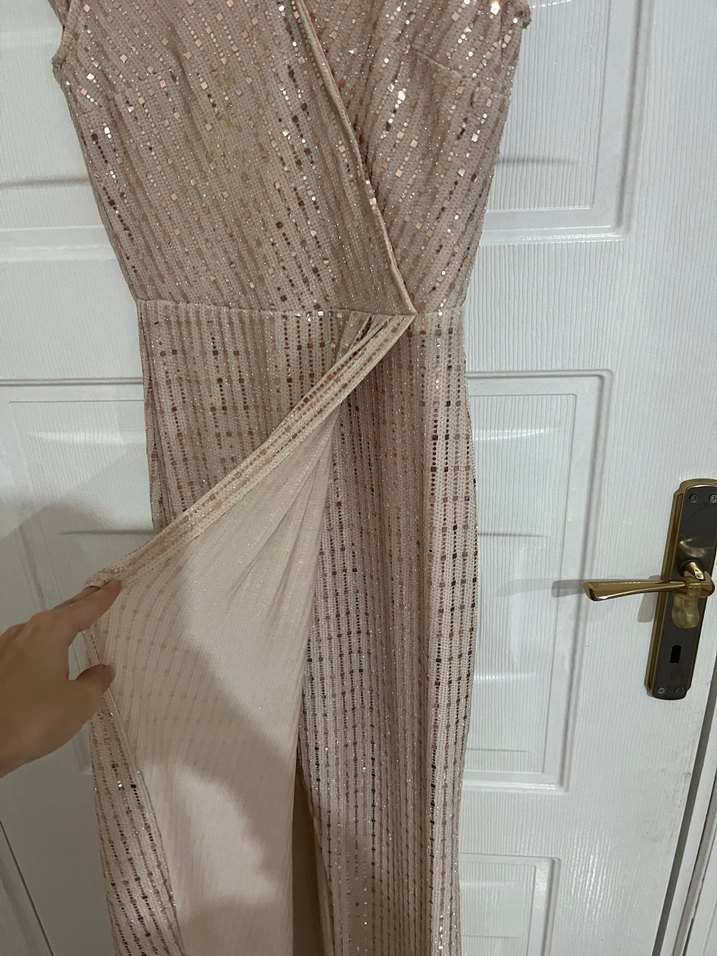 Bej İşlemeli Uzun Abiye Elbise - Görsel 4