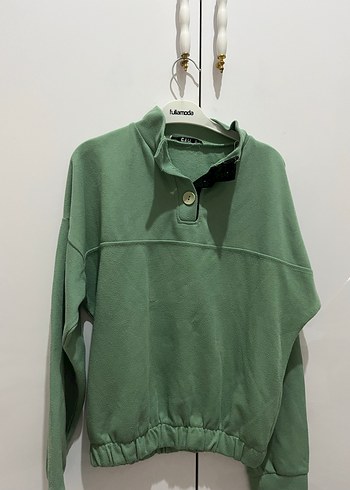 Düğmeli Yüksek Yakalı Yeşil Sweatshirt - Görsel 2