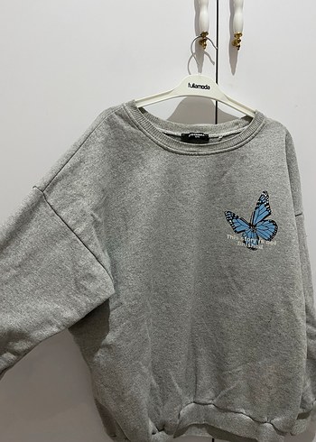 Gri Uzun Kollu Baskılı Kadın Sweatshirt - Görsel 2