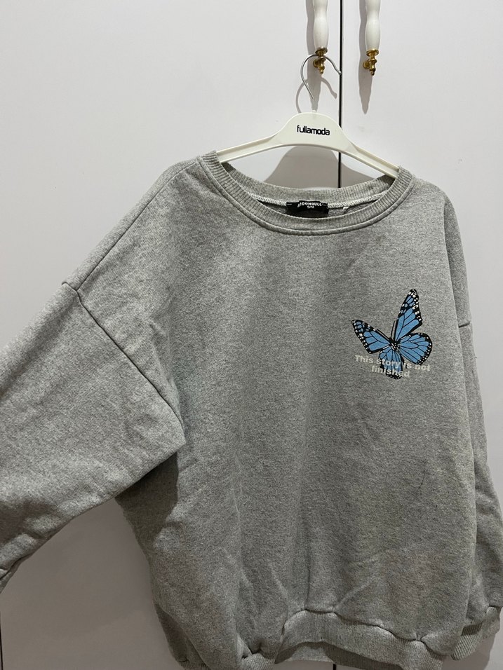 Gri Uzun Kollu Baskılı Kadın Sweatshirt - Görsel 2