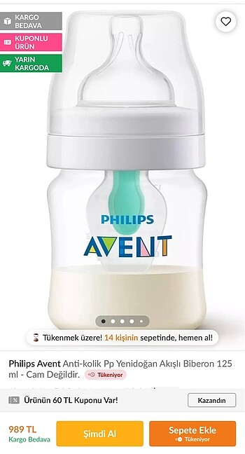 Philips PHILIPS AVENT ANTİKOLİK BİBERON ve yedek 6+ ay hiç kullanılmamış