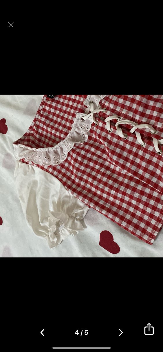 Shine  Kırmızı Kareli Dantel Detaylı Bluz - Görsel 2