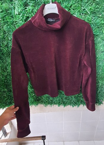 bershka L beden Bordo Kadın Boğazlı kadife sweat