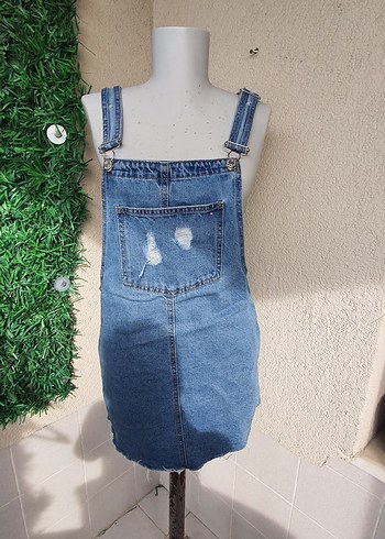 pull bear s beden Mavi Denim Askılı Midi Tulum - Görsel 3