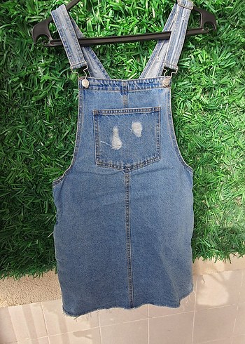 pull bear s beden Mavi Denim Askılı Midi Tulum - Görsel 9